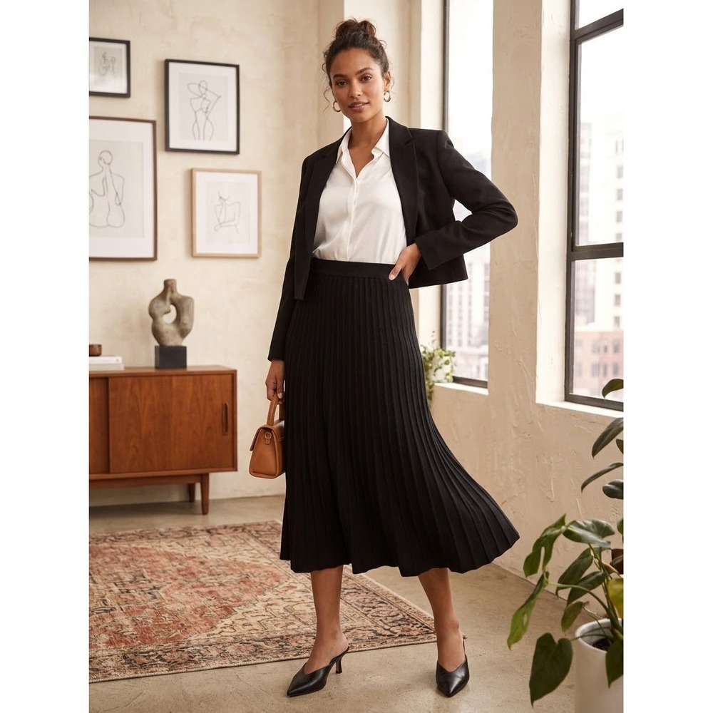 Ba&sh Black Ribbed Knit Pleated Midi Skirt Size 4 Elastic Waist A-Line